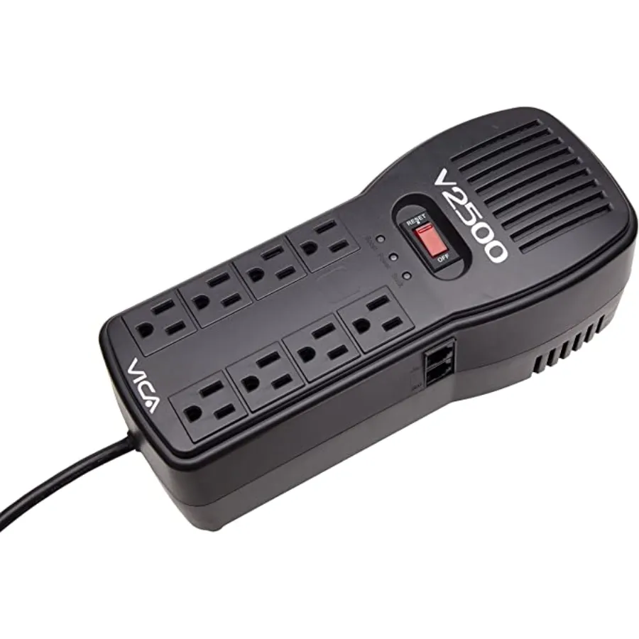 81X7S9Xs21L._AC_SX679_ Regulador VICA V2500 / 2500VA / 1500W / 8 Tomas De Corriente / Supresor de Picos / Negro / V2500 - Image 1