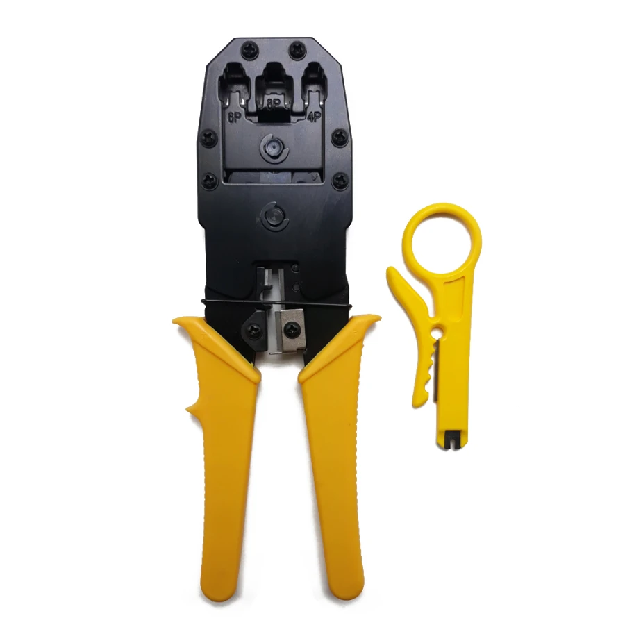 ACCREDPI22_11 Pinza Ponchadora XCASE ACCREDPI22 / Para Conector RJ45 Y RJ11 / Con Pelador De Cable / Negro Con Amarillo - Image 1