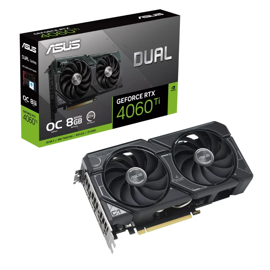 fwebpDUAL-RTX4060TI-O8G47 Tarjeta De Video ASUS Dual RTX 4060 Ti 8G / 8GB DDR6 / 128 Bit / Núcleos Cuda 4352 / X1 HDMI, X3 Dp / PCI Express® Gen 4 / X1 8pin / DUAL-RTX4060TI-O8G - Image 1