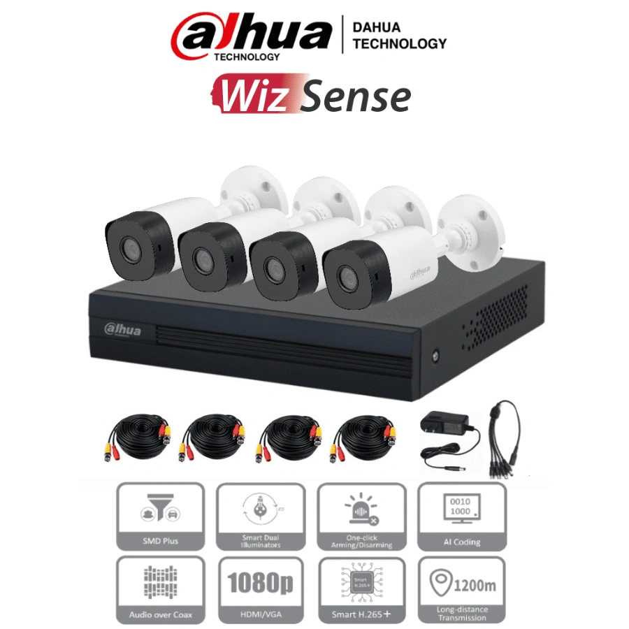 Kit-de-4-Canales-KITXVR1B04-I+4B1A21-con-IA-de-2-Megapixeles-- Kit de 4 Cámaras 2 Megapíxeles 1080p DAHUA / DVR Cooper-I WizSense Con IA / H.265+/ 4 Ch + 1 IP o Hasta 5 Ch IP / 4 Canales SMD Plus/ Búsqueda de Humanos, Vehículos - Image 1