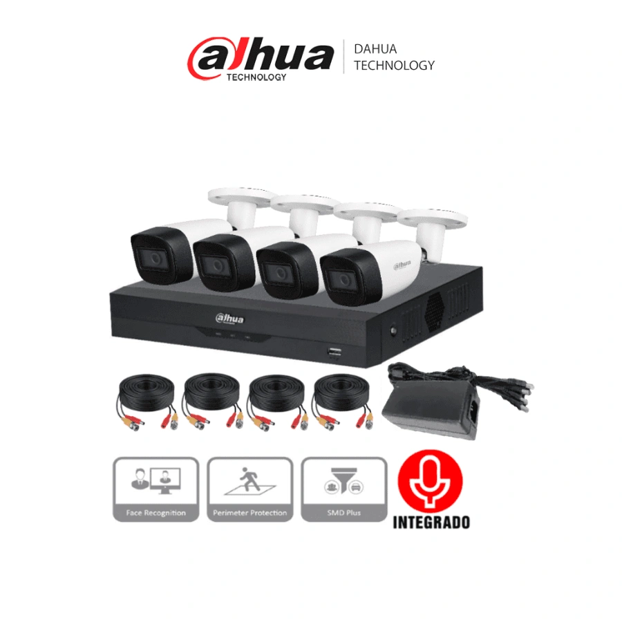 g-(1) Kit de 4 Cámaras Metálicas de 5MP con Audio DAHUA / DVR WizSense con Reconocimiento de Rostros / H.265+ / 4 Ch + 4 IP o Hasta 8 Ch IP / 4 Ch SMD Plus / Búsqueda de Humanos y Vehículos / Negro Con Blanco - Image 1