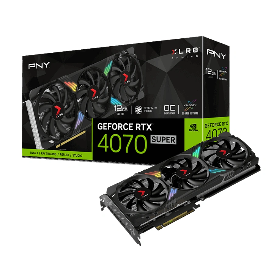 XLR8-RTX-4070-Super-12GB-VERTO-EPIC-X-OC-ARGB-Triple-Fan-gr Tarjeta De Video PNY GeForce RTX 4070 Super XRL8 / 12GB GDDR6X / Núcleos Cuda 7168 / 192Bit / X3 Dp, X1 Hdmi / PCI-E 4.0 / 16-pin x1 - Image 1