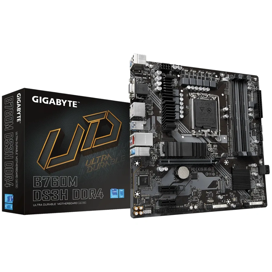 2000 Tarjeta Madre Gigabyte B760M DS3H DDR4 / INTEL SOCKET 1700 / 14ª/13ª/12ª Gen / 192GB X4 DDR5 5333MHZ OC* / x2 M.2 PCI-E 4.0 / DP, VGA, HDMI / Micro-ATX / USB 3.2 - Image 1