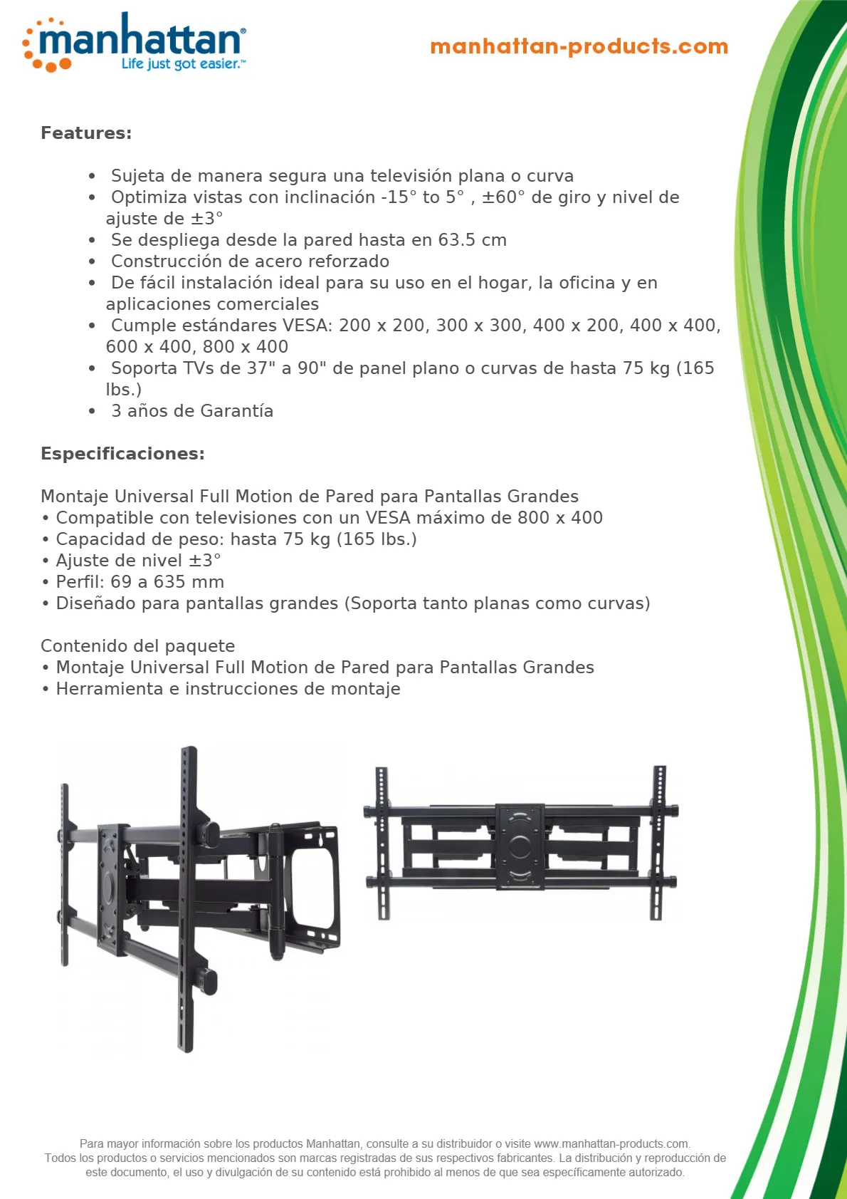 Soporte De Pared MANHATTAN 461290 / Articulado / Para TV De 37 A 90 ...