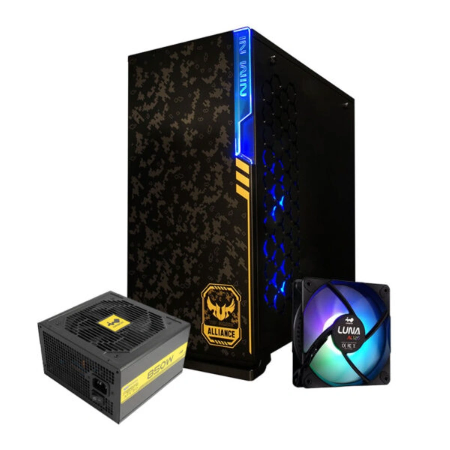 8245_1-1 Gabinete INWIN 101 TUF GAMING / Media Torre / ATX / Fuente De Poder Integrada 850W 80 Plus Gold / Panel Lateral De Vidrio Templado / 3 Ventiladores RGB Incluidos / X2 USB 3.0 / Negro - Image 1