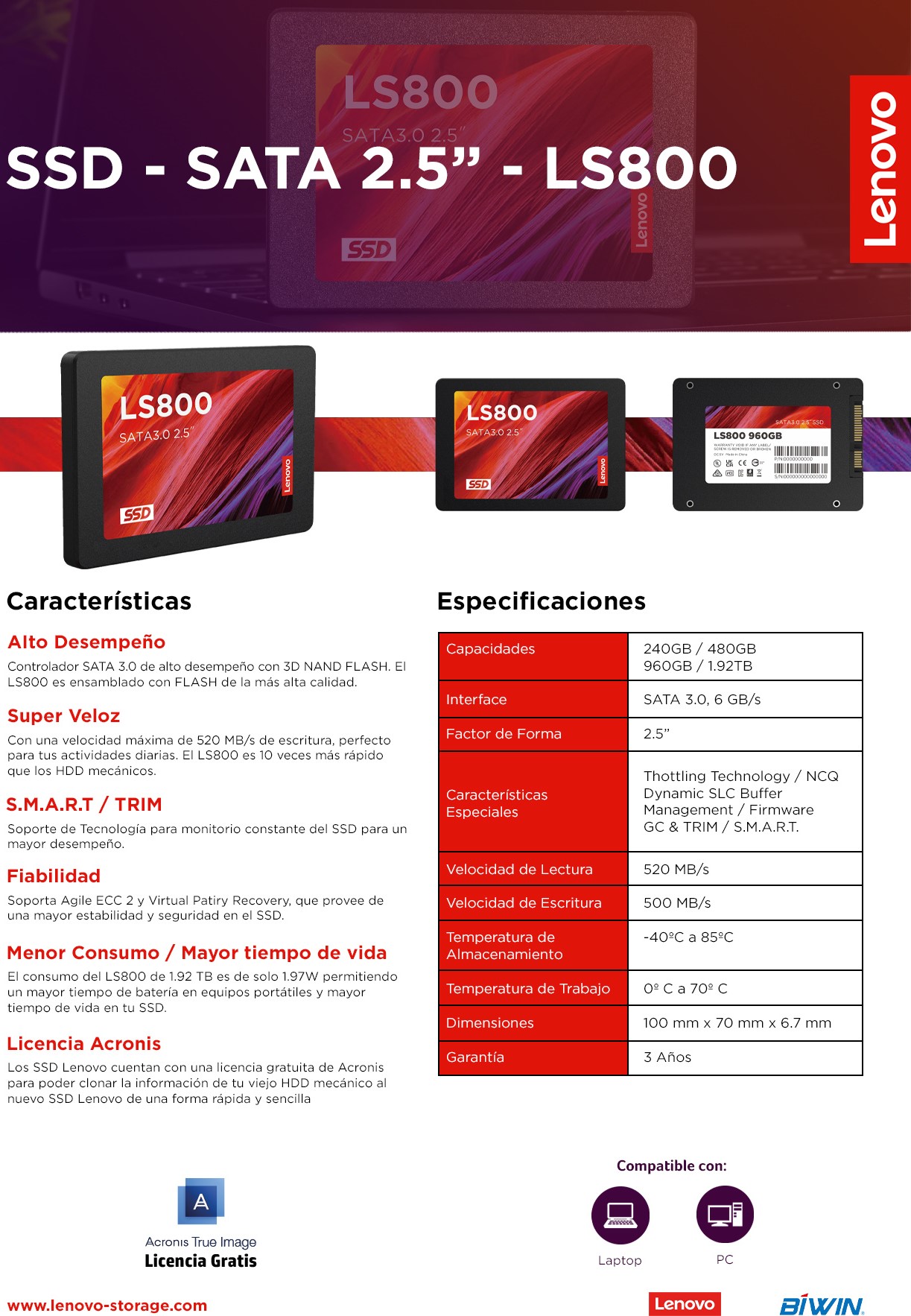Unidad De Estado Solido SSD LENOVO LS800 / 480 GB / 2.5" / SATA 3.0 / 6 ...