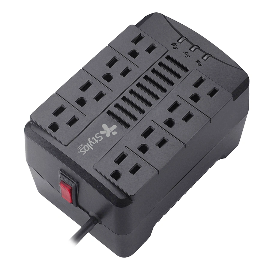 95b4eafa1c8d73346ffafd59dfe70100 Regulador Stylos RE480 / 480W / Con Led Indicador / Entrada 120V / 8 Contactos / Supresor De Voltaje / Contra Sobre Carga / Negro - Image 1