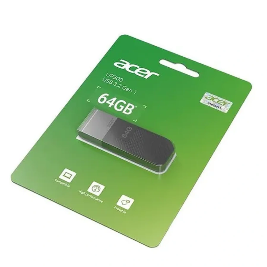 UP3000202 Memoria USB ACER UP300 / 64GB / USB 3.2 Gen 1 / Con Tapa / Negro - Image 1