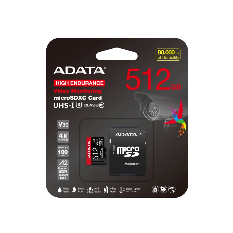 microsdxc_he_ui3v30s_a2_with_adapter_pk_2000x2000_512gb Memoria Micro SD ADATA HIGH ENDURANCE / 512GB / UHS-I, Clase 10 / Con Adaptador / Lectura 100 MB/S / Negro Rojo - Image 1