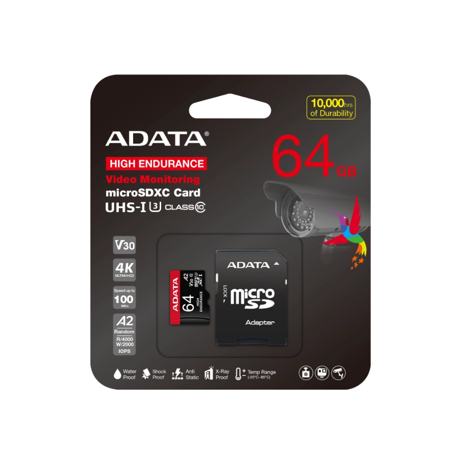 microsdxc_he_ui3v30s_a2_with_adapter_pk_2000x2000_64gb Memoria Micro SD ADATA HIGH ENDURANCE / 64GB / UHS-I, Clase 10 / Con Adaptador / Lectura 100 MB/S / Negro Rojo - Image 1