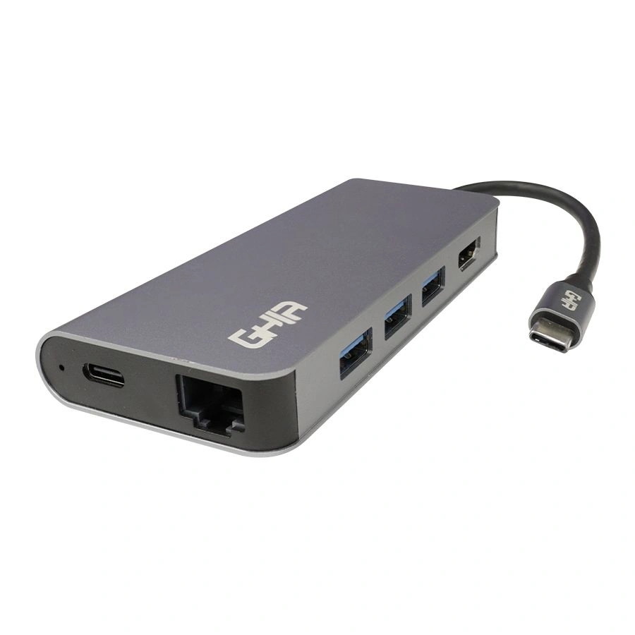 1 Cable Adaptador GHIA ADAP-20 / Multipuerto 8 En 1 / USB-A, HDMI, RJ45, USB-C, Micro SD, SD / Portátil / Gris - Image 1