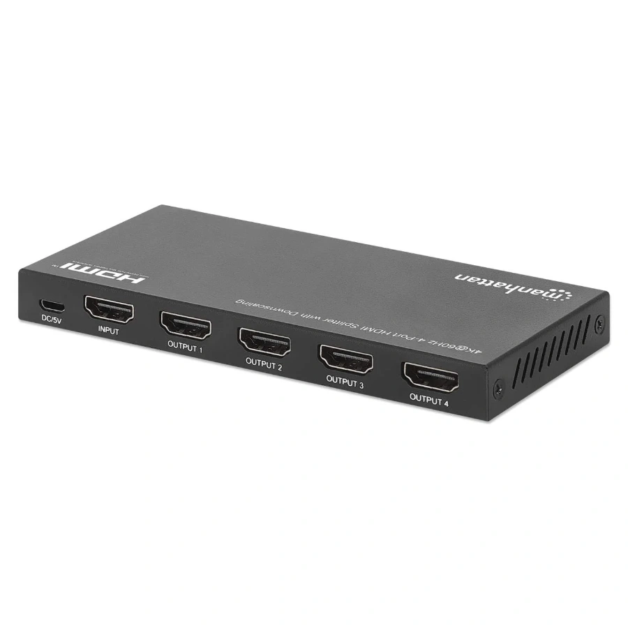 4kat60hz-4-port-hdmi-splitter-with-downscaling-208369-4_1024x1024@2x Video Splitter MANHATTAN 208369 / X5 HDMI, X1 Micro-USB / Hasta 3840X2160 Pixeles / 4 Puertos De Video / Color Negro - Image 1