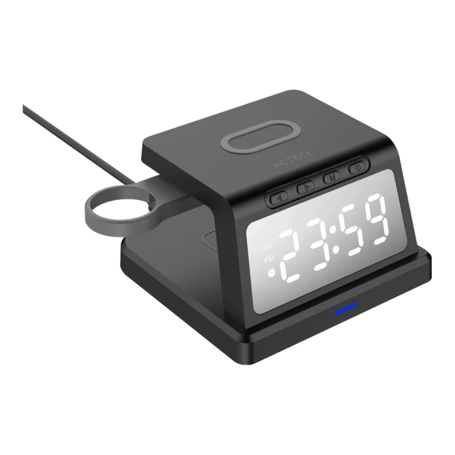 AC-937146_1 Cargador ACTECK ENERGON S-MATE CI730 / Inalámbrico / De Escritorio / Carga USB, USB-C / Reloj Digital / Carga 3 Dispositivos / Para IPhone, Samsung / Negro - Image 1