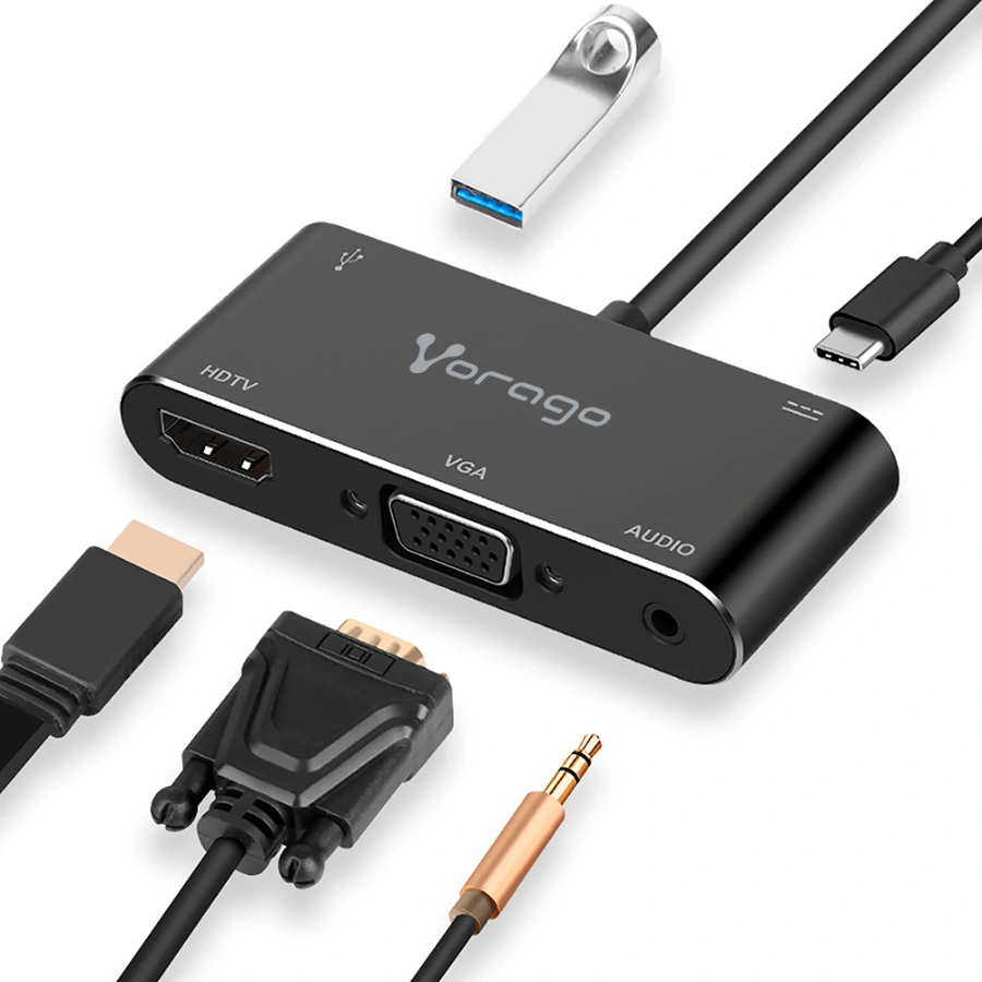 ADP-350-BK-05 Cable Convertidor VORAGO ADP-350 / USB-C A HDMI, VGA, USB-C, USB 3.0, 3.5 MM / Portátil / Negro - Image 1