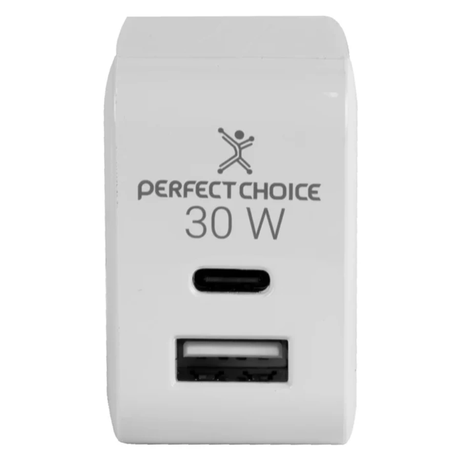 PC-240426_A01_700x (1) Cargador De Pared PERFECT CHOICE / X1 USB-A, X1 USB-C / Carga Rápida / Conectores Plegables / Portátil / 30W / Blanco - Image 1