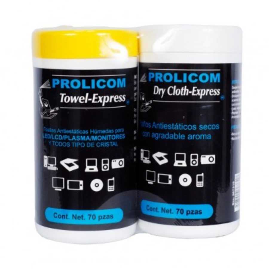 PROLMP280_400 Toallitas PROLICOM TOWEL-EXPRESS/70 / Paños Húmedos Y Secos 70 Piezas / 2 Tubos / Para Computadora, Superficies Y Accesorios, LCD/TFT/Plasma - Image 1