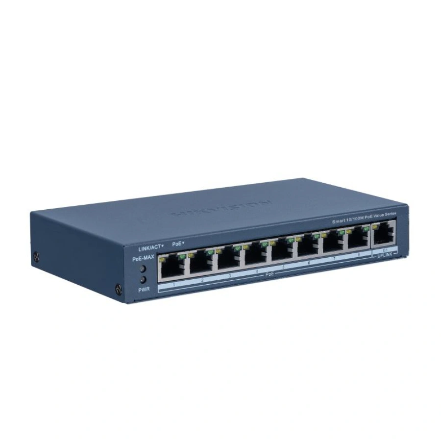 ds-3e1505p-eim Switch HIKVISION PoE+ Monitoreable / 8 Puertos PoE 10/100 Mbps, 1 Puerto RJ-45 / 60W / Tasa De Reenvío De Paquetes 4.17 Mbps / Color Gris - Image 1