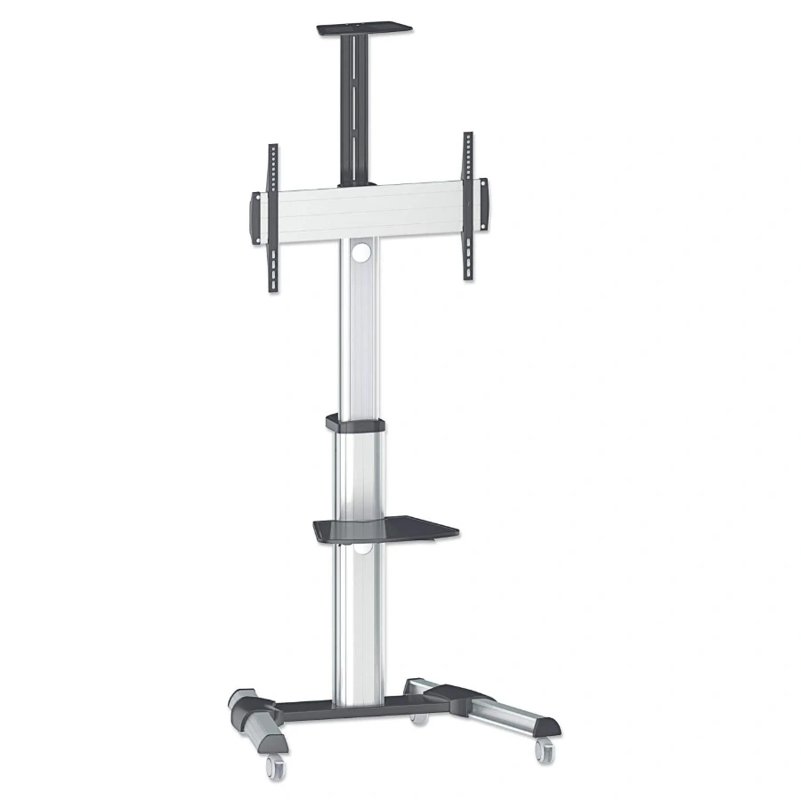 10 Soporte Tipo Carro MANHATTAN 461245 / VESA / Para Pantalla 37"-86"/ Hasta 50kg / Con Ruedas/Movible / Inclinación Ajustable / Rotación 90° / Repisas Removibles / Aluminio / Plateado - Image 1