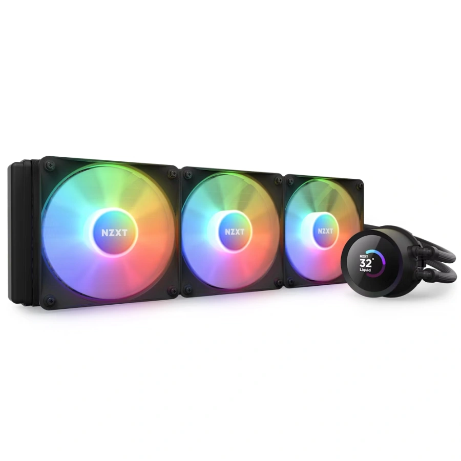 1681508531-cooling_kraken-rgb_360_b_rgb-core_hero-1_rgb Enfriamiento Líquido AIO NZXT Kraken 360 RGB / 360mm / 78.86 CFM, 33,88 dBA / Pantalla LCD 1.54” / Ventiladores serie F / PWM 4 Pines / AMD-INTEL / Negro - Image 1
