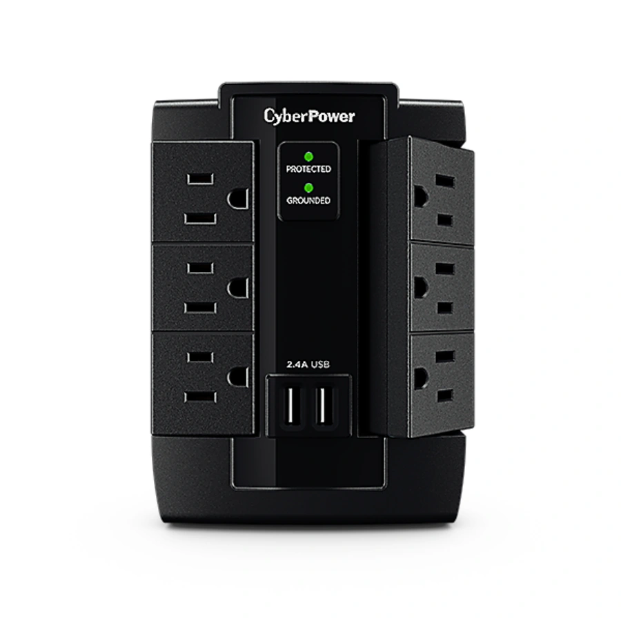 1NP-0000564-C0N_FT_01_WS_E Supresor De Picos CYBERPOWER P600WSURC1 / 125 V / 1500 J / 6 Contactos* / X2 USB / LED Indicador / Protección Contra Sobretensiones / Negro - Image 1