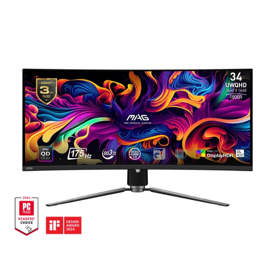 5 Monitor Gamer MSI MAG 341CQP QD-OLED / 34" / 3440X1440 / 175Hz / Panel QD-OLED / Curvo / 0.03MS / HDMI, DP, 3.5 MM, USB, USB-C / HDR / Montaje VESA / Adaptative Sync / Ultrawide / Anti-Flickering / Negro - Image 1