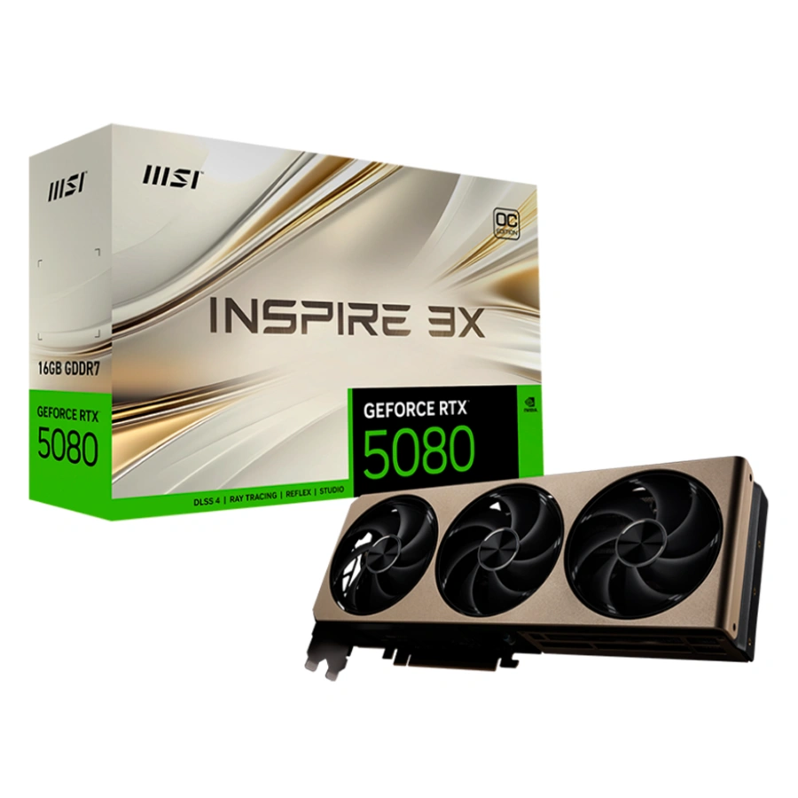 5f7f488ad9d5d9627741f588f26212f9 Tarjeta de Video MSI NVIDIA GeForce RTX 5080 16G INSPIRE 3X OC - 16GB GDDR7, 256-bits, PCI Express x16 5.0, Clock 2655 MHz, DP, HDMI, x1 16Pin - Dorado - Image 1
