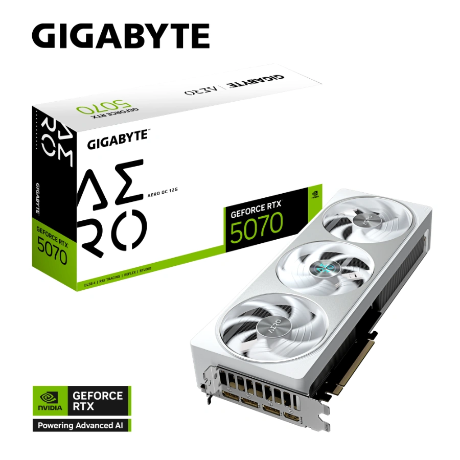 GeForce RTX™ 5070 AERO OC 12G-10 Tarjeta De Video Gigabyte NVIDIA GeForce RTX 5070 AERO OC - 12GB 192-bit GDDR7, PCI Express x16 5.0, Cuda 6144, Boost Clock 2625 MHz, x1 16Pin, DP, HDMI, Blanco - Image 1