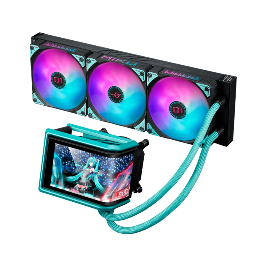 e379a789698ce27929d3c29b07f70f23 Enfriamiento Liquido AIO ASUS ROG RYUO IV 360 ARGB Hatsune Miku Edition - 360mm, 3x120mm, Hasta 2650 RPM, 71.44 CFM, 39.6 dBA, 3Pin 5V, 4Pines 12V - Negro Con Turqueza - Image 1