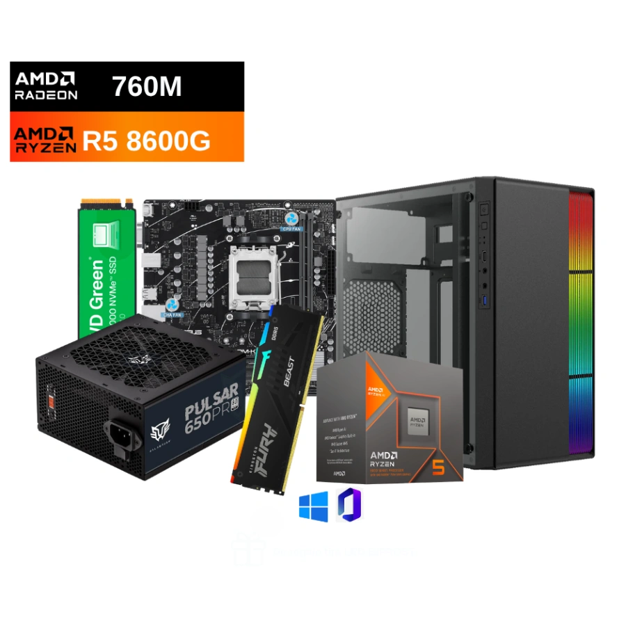 R566236 PC Gamer FUSION II - AMD Ryzen 5 8600G, Tarjeta Madre A620M, DDR5 5200Mhz 8GB, SSD NVME 500GB, 650W 80 plus white, Licencia Windows 11/Office2024 - Image 1