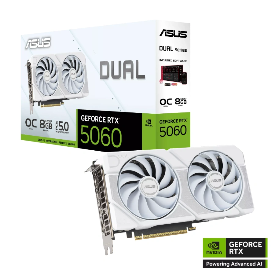 fwebp (12) Tarjeta de Video ASUS Dual GeForce RTX™ 5060 White OC Edition – 8GB GDDR7, 128-bit, PCI-e 5.0, Núcleos CUDA 3840, DP, HDMI, OC 2565MHz, x1 8 Pines, 2 Ventiladores - Image 1